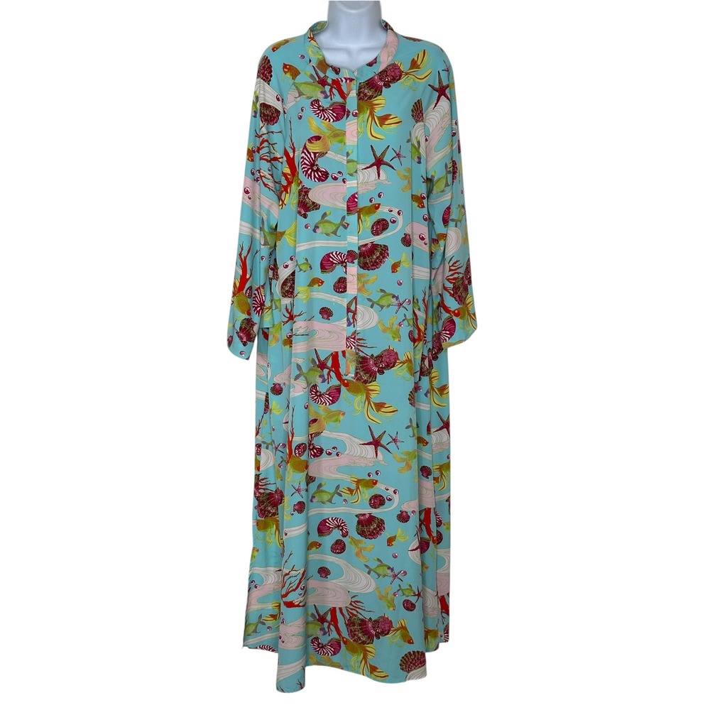Natori Nautical Fish Sea Maxi Dress Caftan Lounge Turquoise Blue Large Pockets